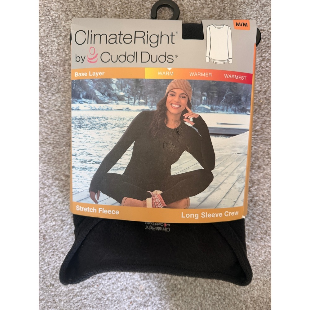 NWT Climate Right Cuddl Duds Base Layer Stretch Fleece LS Black Crew Top M New